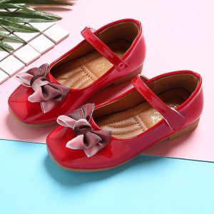 Girls Bowknot Decor Solid Color Hook Loop Flat Dress Shoes