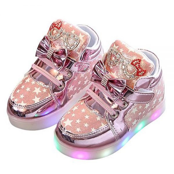 Girls Bowknot Rhinestone Decor LED Hook Loop Casual Shoes