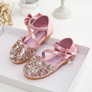 Girls Bowknot Rhinestones Upper Hook Loop Princess Dress Shoes