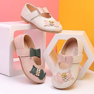 Girls Cat Pattern Bowknot Decor Hook Loop Flat Dress Shoes