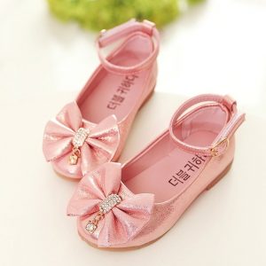 Girls Rhinestone Bowknot Decor Hook Loop Elegant Flat Shoes