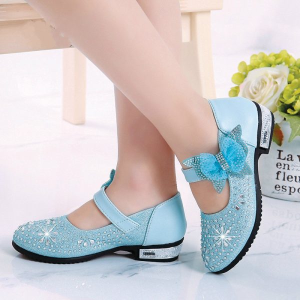 Girls Rhinestones Upper Bowknot Hook Loop Princess Dress Flat Shoes