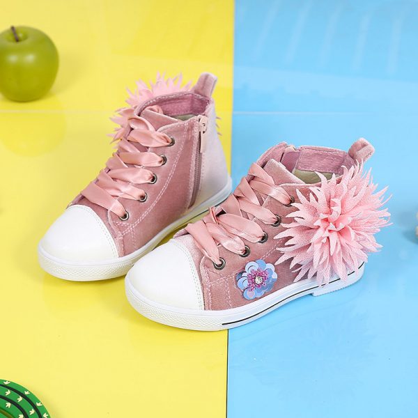 Girls Sequined Floral Decor Side Zipper Casual Shoes