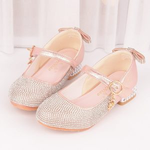 Girls Shining Rhinestone Metal Buckle Kitten Heel Princess Dress Shoes