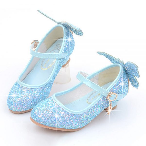 Girls Shining Sequined Butterfly Pattern Princess Kitten Heel Shoes