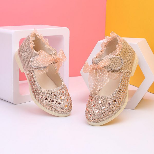 Girls Shining Sequined Hook Loop Lace Decor Lovely Mary Jane Shoes