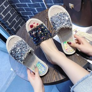 Grass Weave Fisherman Shoes Cross Fashion Wear Sandals And Slippers Word Beach Slippers Sequins Women's Shoes