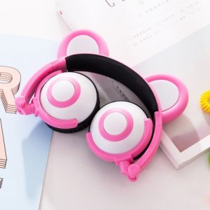 Headphone Cute Folded Bear Ears Earlaps With LED Light Button Battery Soft Band Headset