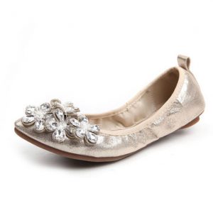 Heart Shaped Flower Bead Crystal Slip On Folded Egg Roll Flat Shoes