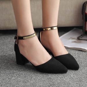 High-heeled Women's Thick And Female Students Pointed Hollow Hollow Wild Baotou Word Buckle With Single Shoes Women