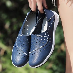 Hollow Out Leather Comfortable Loafers Slip On Casual Flat Shoes