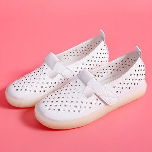 Hook Loop Solid Color Hollow Out Casual White Flat Shoes