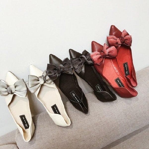 Ins Gentle Korean Big Bow Pointed Head Flat Shoes Red Bridesmaid Women's Shoes Soft Bottom