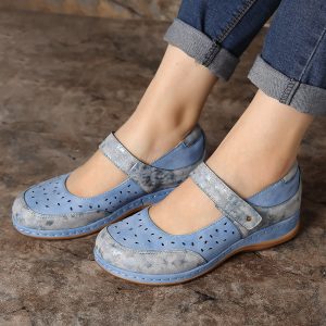 LOSTISY Splicing Hollow Out Hook Loop Casual Flat Shoes