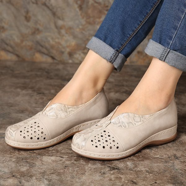 LOSTISY Splicing Hollow Out V Shape Veins Pattern Slip On Flat Shoes