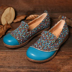 LOSTISY Splicing Pattern Closed Toe Loafers Slip On Casual Flat Shoes