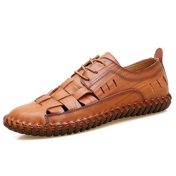 Large Size Men Hand Stitching Woven Style Soft Leather Shoes