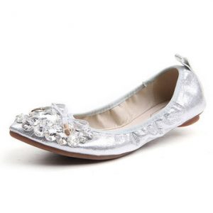 Leather Bowknot Shiny Crystal Folded Slip On Flat Egg Roll Shoes