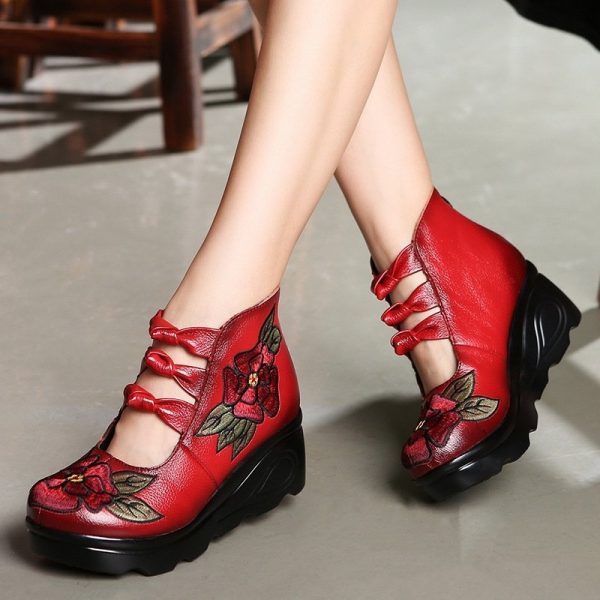 Leather Embroidered Zipper Folkways Platform Shoes