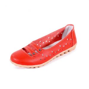 Leather Hollow Out Breathable Button Stripe Slip On Flat Casual Shoes