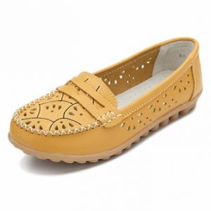 Leather Hollow Out Breathable Soft Sole Pure Color Slip On Flat Shoes