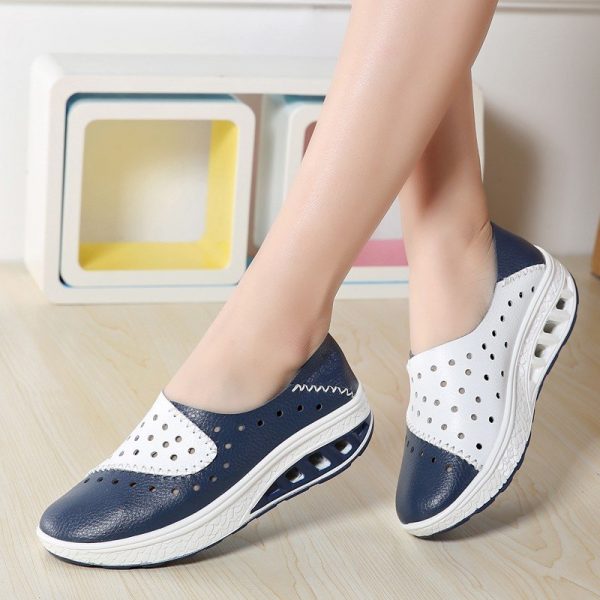 Leather Hollow Out Rocker Sole Slip On Platform Shoes