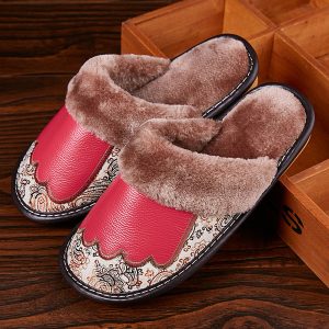 Leather Indoor Slippers Plush Home Shoes