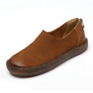 Leather Pure Color Retro Zipper Slip On Flat Casual Shoes