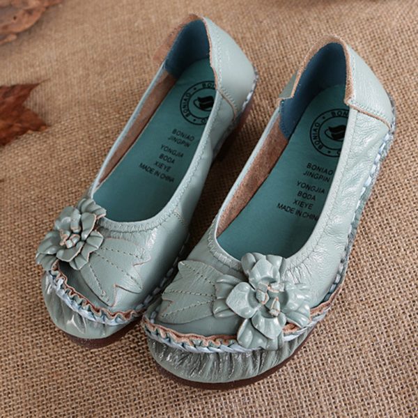 Leather Round Toe Stitching Comfortable Slip On Vintage Flat Shoes