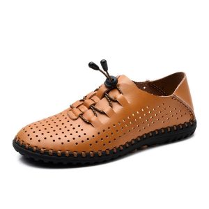 Men Breathable Hole Hand Stitching Leather Flat Casual Shoes