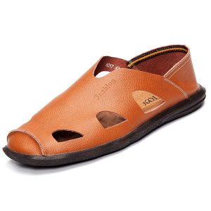 Men Breathable Hollow Out Soft Slip On Leather Casual Flat Shoes