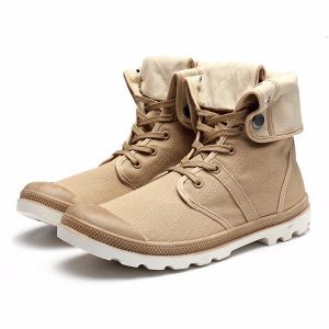 Men Canvas Button Folded Pure Color High Top Lace Up Casual Shoes