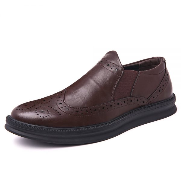 Men Carved Leather Elastic Panels Non-slip Slip On Casual Formal Shoes