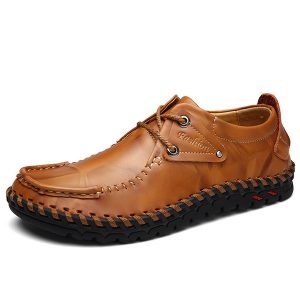 Men Cow Leather Hand Stitching Soft Sole Casual Shoes