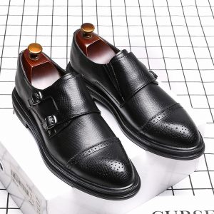 Men Double Monk Strap Oxfords Business Formal Slip On Brogue Shoes