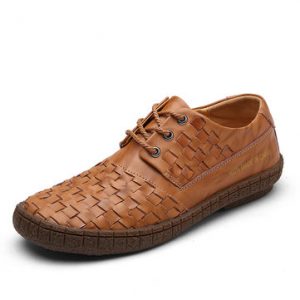 Men Genuine Leather Breathable Knitted Lace Up Casual Shoes