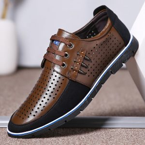 Men Genuine Leather Splicing Hole Breathable Large Size Soft Casual Shoes