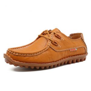 Men Genuine Leather Stitching Boat Shape British Style Lace Up Casual Shoes