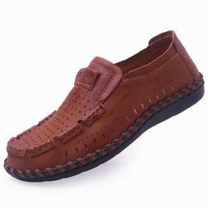 Men Hand Stitching Comfy Soft Breathable Slip On Hole Leather Shoes