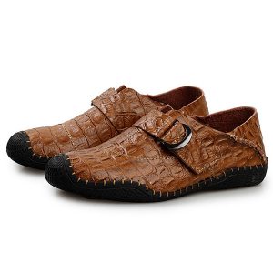 Men Hand Stitching Crocodile Pattern Hook-Loop Casual Leather Shoes