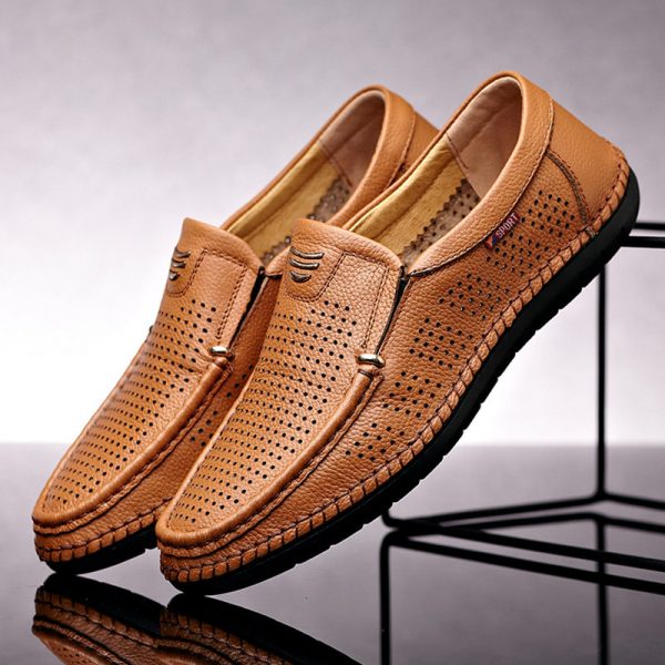 Men Hand Stitching Genuine Leather Hole Non-slip Slip On Casual Shoes