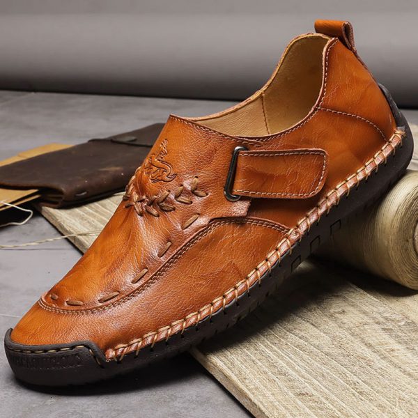 Men Hand Stitching Leather Comfy Soft Hook Loop Casual Shoes