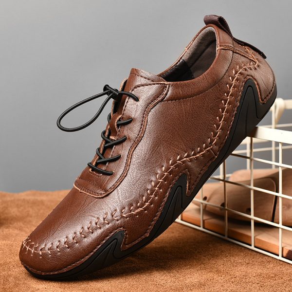 Men Hand Stitching Leather Non Slip Elastic Lace Soft Sole Casual Driving Shoes