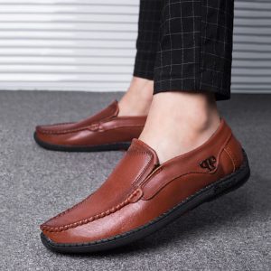 Men Hand Stitching Leather Slip Resistant Slip On Soft Casual Driving Shoes