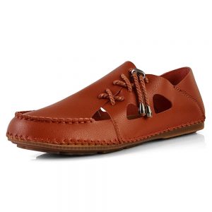 Men Hand Stitching Non Slip Side Laces Hollow Out Casual Leather Shoes