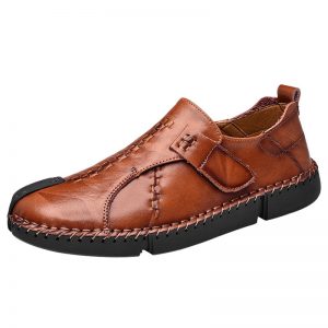 Men Hand Stitching Rubber Cap Toe Hook Loop Soft Leather Shoes