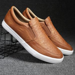 Men Hole Breathable Non-slip Slip On Soft Sole Casual Leather Shoes