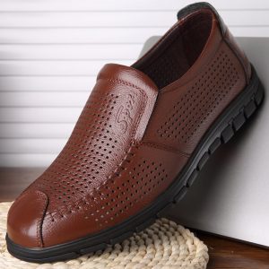 Men Hollow Breathable Cap Toe Soft Sole Slip On Casual Leather Shoes