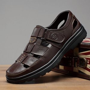 Men Hollow Breathable Hook Loop Genuine Leather Shoes