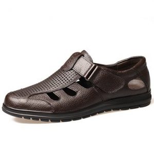 Men Hook-Loop Hollow Out Breathable Sandals Comfortable Leather Shoes